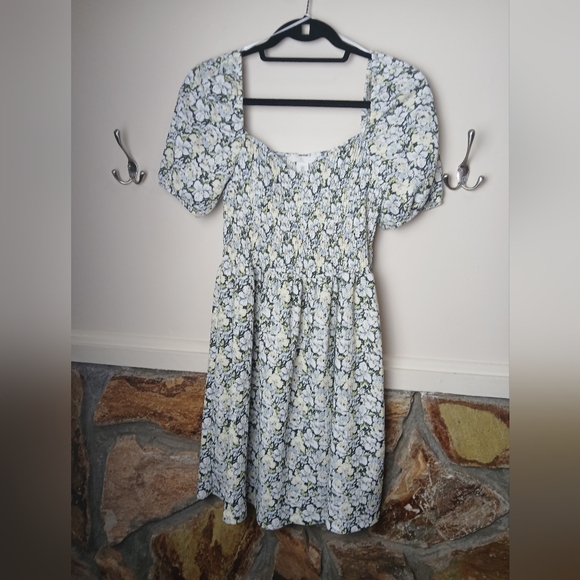 NWT H & M Floral Puff Sleeve Midi Dress Green Yellow Blue White - Picture 2 of 13